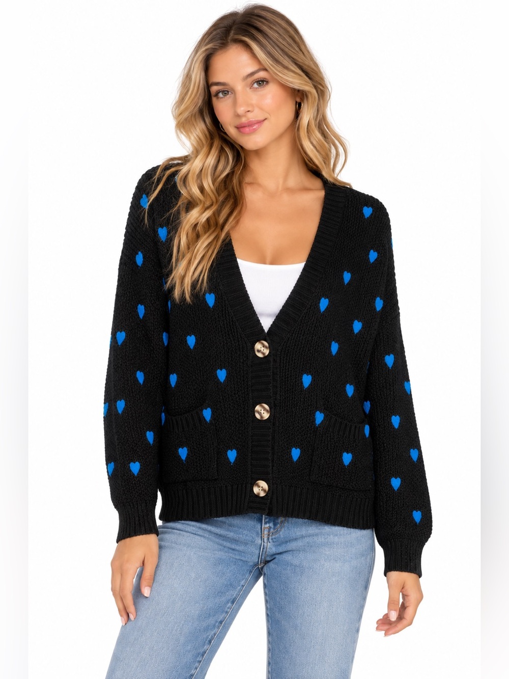 Umgee NWT Size Small Oversized Black & Blue Heart-Print V-Neck Cardigan Sweater